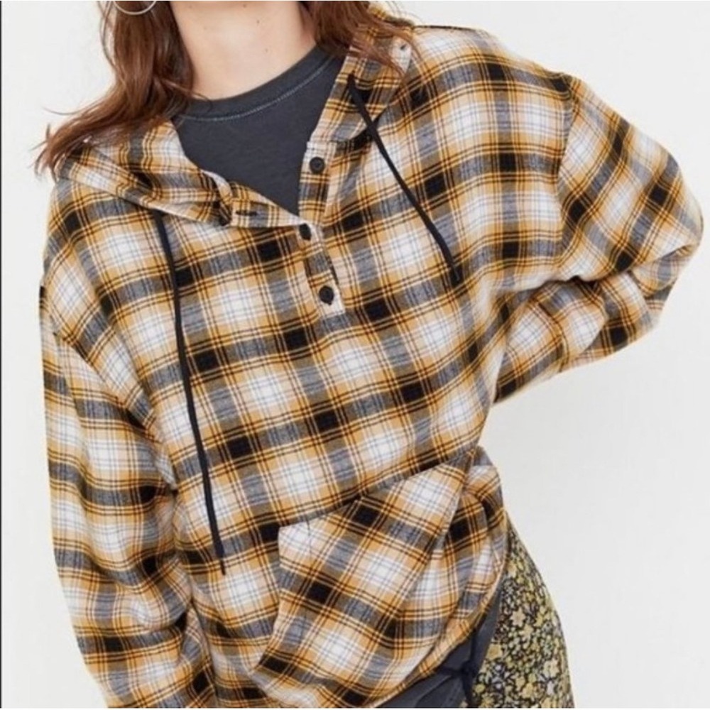 Urban Outfitters Flannel Hoodie Women Small Yellow Plaid Excellent Hooded Henley